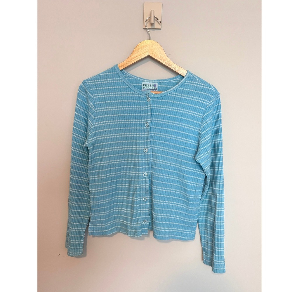 FRESH PRODUCE | Cardigan Sweater Women S Blue Striped Ribbed Knit Vintage USA